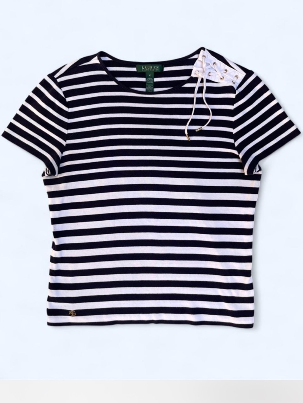 Lauren Ralph Lauren Navy & White Striped Lace-Shoulder Tee Nautical Coastal M